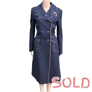 Prada NWTlong dark blue double breasted coat with crystal elbow patches Sz eu 42